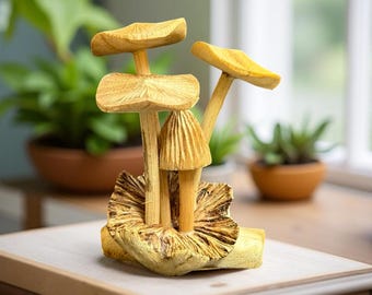 Hand Carved Wooden Mushroom Sculpture: Jampini Wood Art, 3 inches