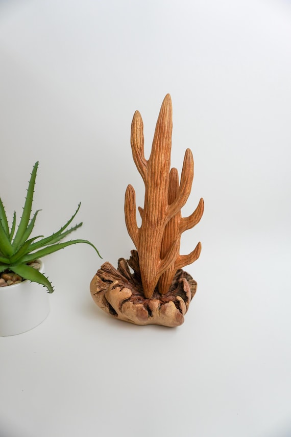 Wooden Cactus Sculpture – Rustic Desert Home Decor, Bali Wood Art, Succulent Lover Gift, Natural Wood Carving Ornament