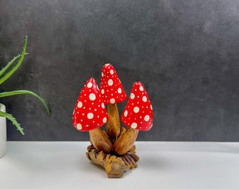 Painted Wooden Mushroom. Hand Carved Wooden Mushroom Sculpture: Home Decor Art