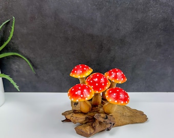Hand Carved Wooden Mushroom Sculpture: Painted Home Decor Art