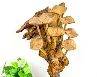 Hand Carved Wooden Mushroom Sculpture: Whimsical Home Decor Art