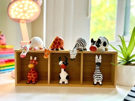 Cute small standing Giraffe Zebra Cow wooden animals statue. size 2”x 3”, Wooden Handcrafted