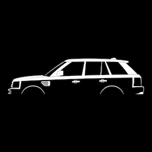 Puede incluir: Una silueta blanca de un SUV Land Rover Range Rover sobre un fondo negro.