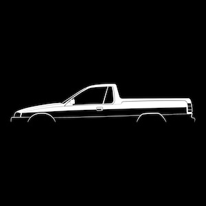 May include: White line art illustration of a pickup truck on a black background. The truck features a cab, a bed, and a distinct side profile. The design is minimalist and graphic.