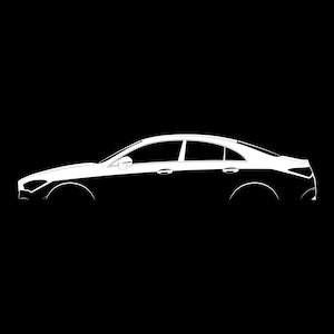May include: A white silhouette of a modern saloon car viewed from the side. The car has a sleek design with a sloping roofline and a prominent grille.