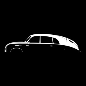 May include: A white silhouette of a vintage car with a rounded roofline and a single door on the driver's side.