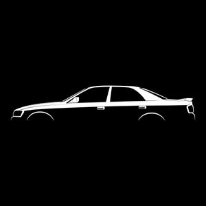 May include: A white silhouette of a sedan car against a black background. The car is viewed from the side, with the driver's side facing the viewer.