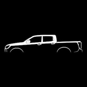 May include: A white silhouette of a pickup truck against a black background. The truck is viewed from the side, with the driver's side door open.