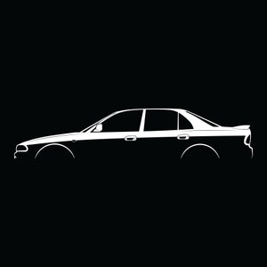 Pode incluir: Uma silhueta branca de um carro sedan sobre um fundo preto.