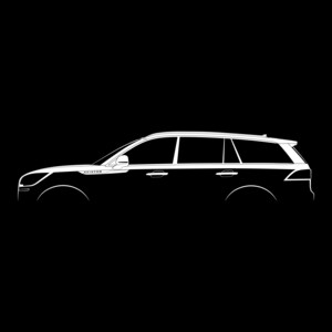 May include: A white silhouette of a Lincoln Aviator SUV against a black background. The car is shown in profile view, with the driver's side facing the viewer.