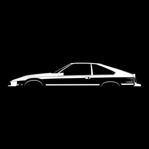 May include: A white silhouette of a classic sports car with a coupe body style. The car is viewed from the side, with the driver's side facing the viewer.