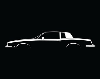 May include: A white silhouette of a classic car against a black background. The car is a coupe with a long hood and a sloping roofline.