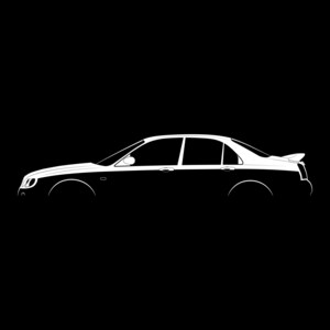 Op de afbeelding: Een wit silhouet van een sedan tegen een zwarte achtergrond. De auto wordt van de zijkant bekeken, met de bestuurderskant naar de kijker gericht.