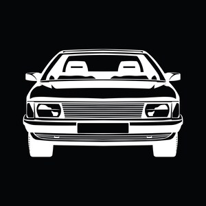 Può includere: Illustrazione vettoriale bianca di un'auto classica su sfondo nero. L'auto è vista frontalmente, mostrando fari, griglia e spazio per la targa. Il design è minimalista, enfatizzando la forma dell'auto.