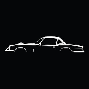 May include: White line art of a classic sports car on a black background. The car features a hardtop, a low profile, and distinct body lines. The design is minimalist, emphasizing the car's silhouette.
