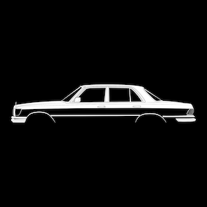Peut inclure: Un dessin en contour blanc d'une berline classique vue de profil. La voiture a un long capot et un coffre spacieux.