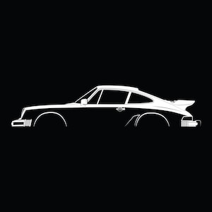 May include: A white line art silhouette of a sports car viewed from the side profile. The graphic features the distinct curved roofline, a rear spoiler, and wheel arches against a solid black background, capturing the classic automotive shape.