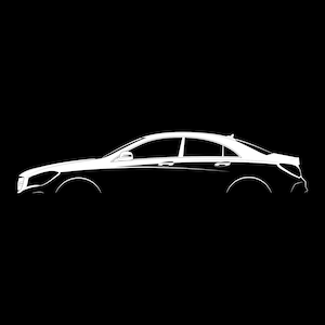 Op de afbeelding: Een wit silhouet van een auto tegen een zwarte achtergrond. De auto is van de zijkant te zien en is een sedan met vier deuren.