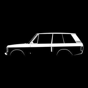 Könnte beinhalten: Eine weiße Silhouette eines klassischen Range Rover SUV vor schwarzem Hintergrund. Das Fahrzeug ist in Profilansicht dargestellt, wobei die Fahrerseite zum Betrachter zeigt.