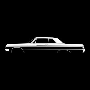 Könnte beinhalten: Eine weiße Silhouette eines klassischen Autos, möglicherweise ein Modell aus den 1960er Jahren, mit einer langen Motorhaube und einem schlanken Coupé-Design.
