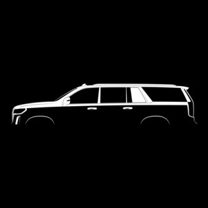 May include: A white silhouette of a large SUV with a black background. The vehicle has a roof rack and a side window.