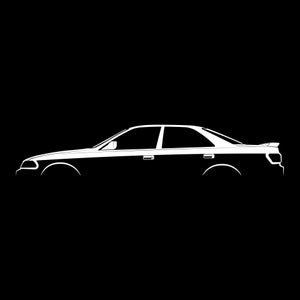 以下が含まれることがあります： 側面から見たセダンの白いシルエット。車は、わずかに湾曲したルーフラインとトランクにさりげないスポイラーを備えた、洗練されたデザインです。