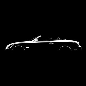 以下が含まれることがあります： 屋根が開いたオープンカーの白いシルエット。車は横から見て、右を向いています。