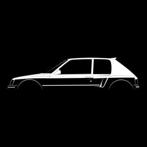 Peut inclure: Une silhouette blanche d'une voiture classique, peut-être une Peugeot 205, sur un fond noir. La voiture est représentée de profil, avec le côté conducteur face au spectateur.