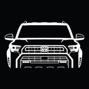 Puede incluir: Una silueta blanca de una camioneta Toyota sobre un fondo negro. La camioneta tiene una parrilla grande con el logotipo de Toyota en el centro.