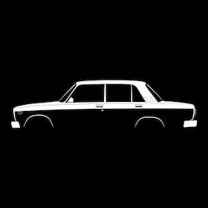 Puede incluir: Ilustración en blanco y negro de un coche sedán clásico. El techo y una franja lateral son blancos, contrastando con la carrocería negra. El diseño de perfil lateral muestra la forma del coche, con detalles como ventanas.
