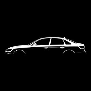 May include: A white silhouette of a saloon car against a black background.