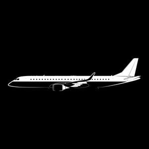 May include: A white silhouette of a commercial airplane against a black background.