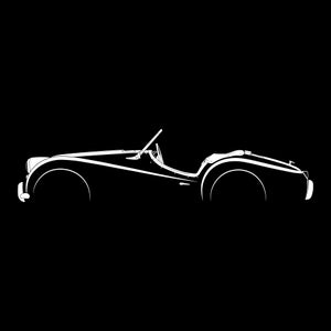 May include: A white silhouette of a classic convertible sports car against a black background.