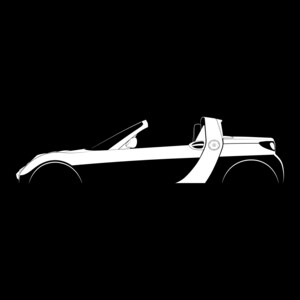 May include: A white silhouette of a convertible car with the top down. The car is facing to the right and has a unique design with a roll bar behind the seats.