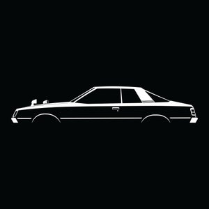 May include: A white silhouette of a classic coupe car against a black background. The car is viewed from the side, showcasing its sleek design and sharp lines.