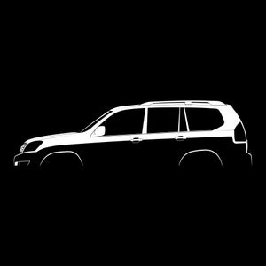 May include: A white silhouette of a large SUV with a roof rack. The vehicle is viewed from the side, with the driver's side facing the viewer.
