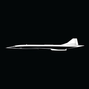 May include: A white silhouette of a Concorde supersonic jet against a black background. The aircraft is depicted in profile, showcasing its distinctive delta wings and elongated fuselage. The image is a minimalist design, emphasizing the plane's sleek lines.