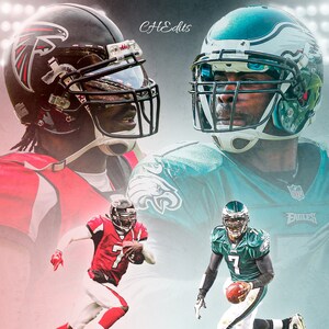 May include: A collage of photos of Michael Vick, a professional football player, wearing different uniforms. The text "MICHAEL Vick" is in the center of the image. The text "22464 Passing Yards", "6109 Rushing Yards", "36 Rushing TD's", and "133 Passing TD's" are at the bottom of the image.