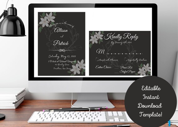 Floral Wedding Invitation & RSVP Card Template- Black