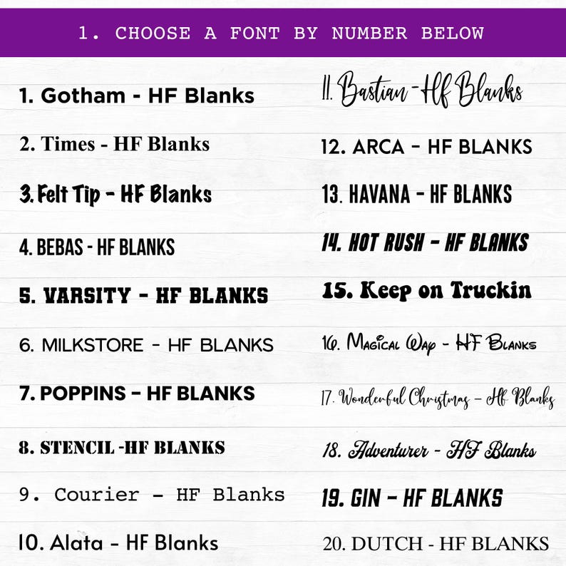May include: A list of 20 different fonts, each with a number and the name of the font. The fonts are listed in a column on the left side of the image and a column on the right side of the image. The fonts are all in black text on a white background.