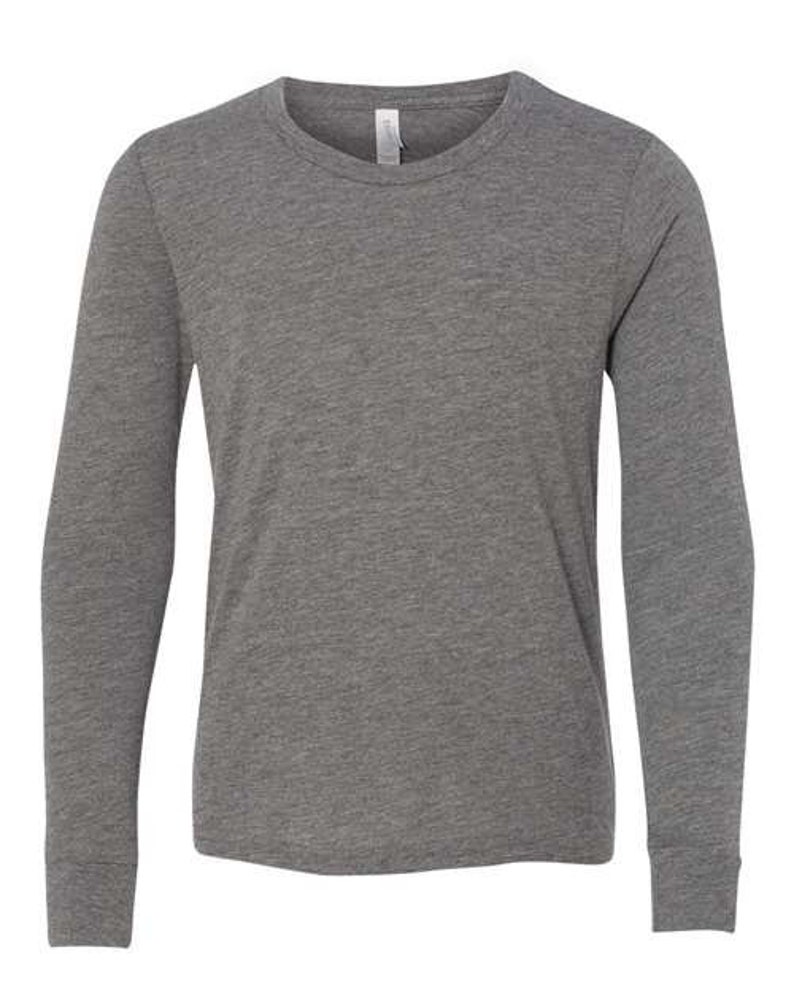 May include: A heather grey long-sleeve t-shirt with a crew neck.