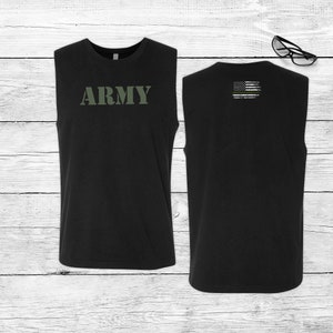 May include: Black sleeveless shirt with the word "ARMY" in green on the front and a distressed American flag with a green stripe on the back.