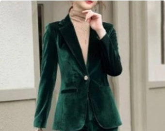 GREEN women's velvet pants suit set  / Bespoke Suit for women / women sim fit suit / suit women XS