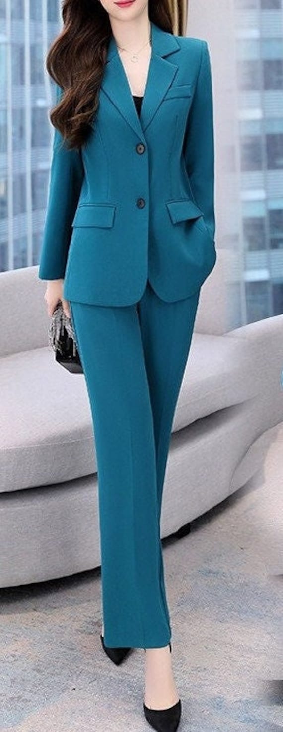 Blue Pant Suit for Women, Womens Wedding Suit Set , Dressy Pant