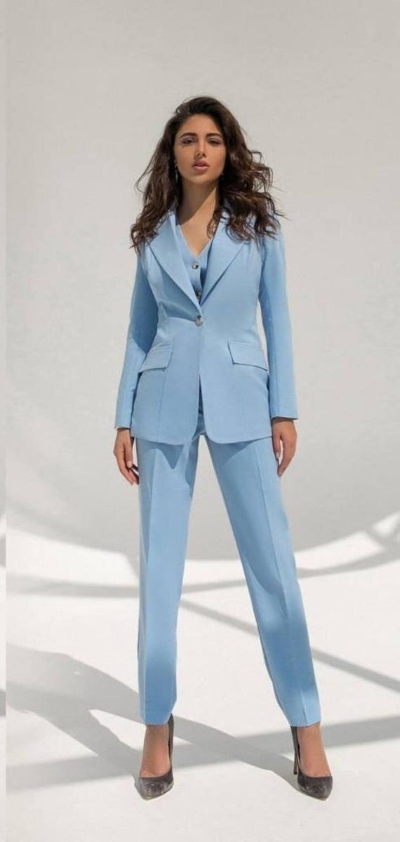 Blue Pant Suit for Women, Three Piece Suit, Women Formal Wear, Womens Suit,  Womens Wedding Suit Set, Dressy Pant Suits for Women, 