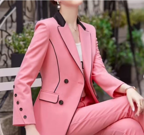 Office Ladies Women's Pantsuit Red Pink Business Classic Double-Breasted  Buttons Nine Blazer Pants Set Two Piece Formal Suits (Color : Pink Suits,  Size : L.) : : Clothing, Shoes & Accessories