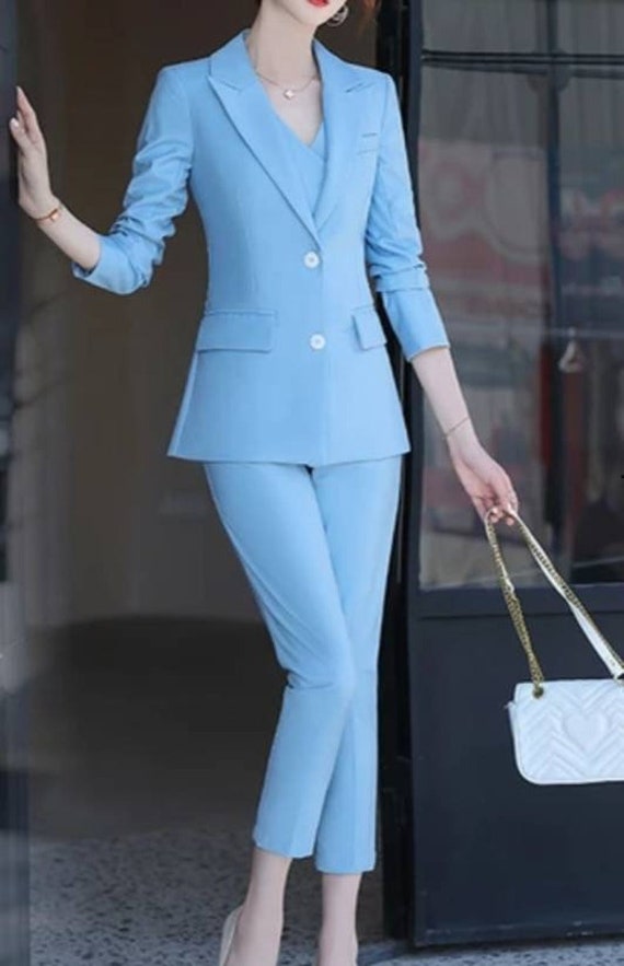 Blue Pant Suit for Women, Womens Wedding Suit Set , Dressy Pant