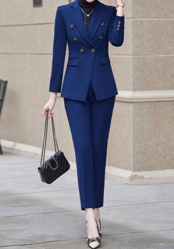 Navy Blue Women's Suit With Double Breasted Jacket