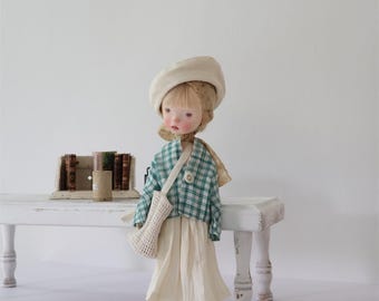Mint Gingham Puppenkleidung für Blythe, Leinen Shirt & Rock handgefertigt