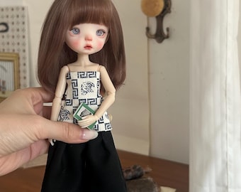Handmade Retro Pattern Blythe Doll Outfit - Geometric Print Cami Top + Black Wide-Leg Pants